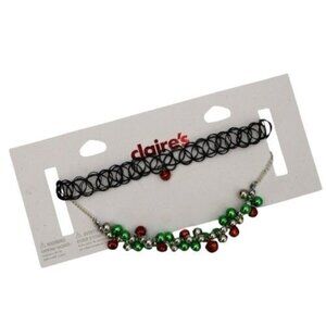 Claires Holiday Choker and Necklace Set With Jingle Bells Christmas Red Green